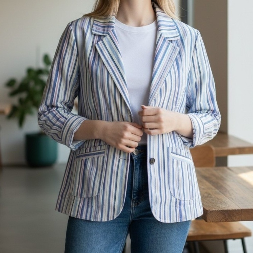 Lavender Blue Striped Button Front Jacket 3/4 Sleeve Womens Small Spring Layer